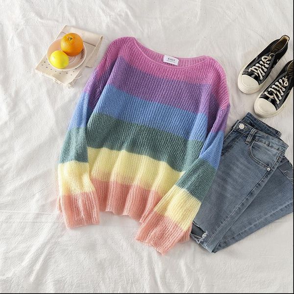 

korean style sweater women harajuku rainbow stripes o neck streetwear casual vintage pullovers loose women kintting top, White;black