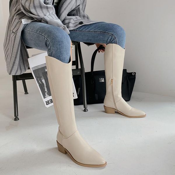 

boots winter fashion knee high women faux leather square heel long pointed toe autumn shoes 2021, Black