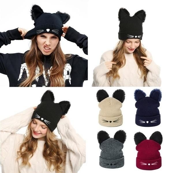 

2020 new winter hats for women wool hat sweet cute beanies cat wild knit hat fashion warm earmuffs caps skullies gorros bonnet, Blue;gray