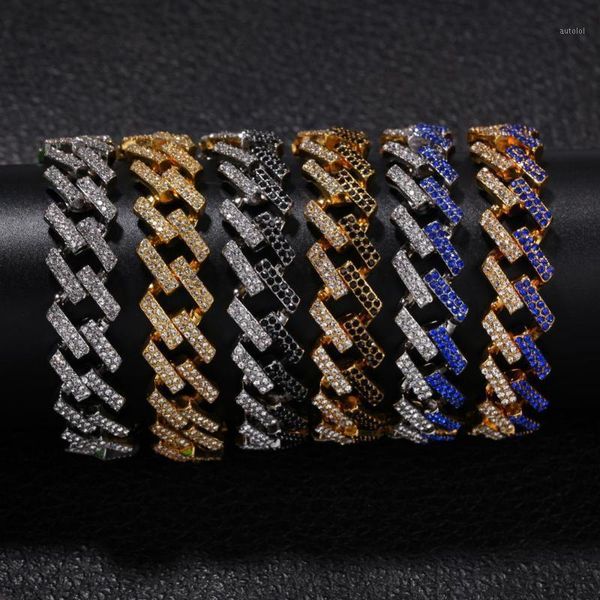 

fashion mens bracelet full iced out rhinestones 15mm prong cuban link blue/black multi-colored hiphop bracelets1