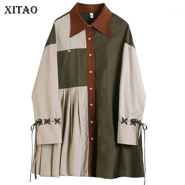 

xitao drawstring blouse fashion pleated single breast vintage fashion new 2020 autumn elegant loose patchwork shirt dzl20851, White