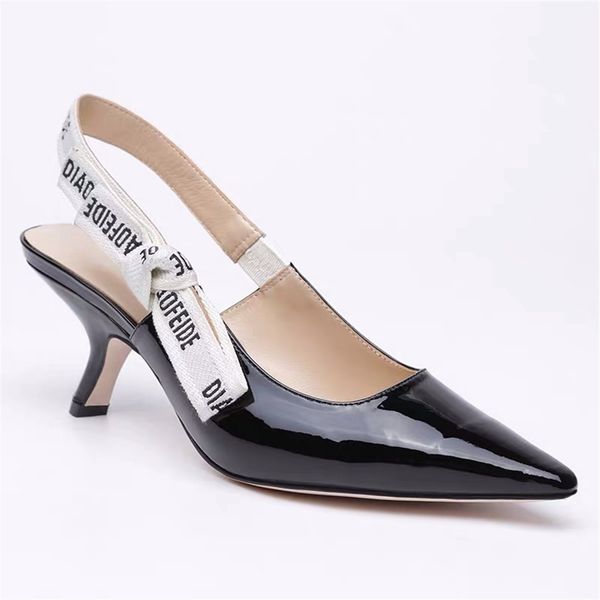

2021 breathable upper genuine leather high heels dress shoes women pumps pointed toe slingbacks letter back strap sandals size 35-43, Black