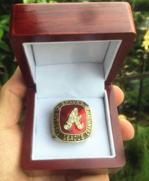 1991 Braves World Baseball Team Championship Ring com caixa de exibição de madeira Menir Men Fan Gift 2023 Shipping por atacado