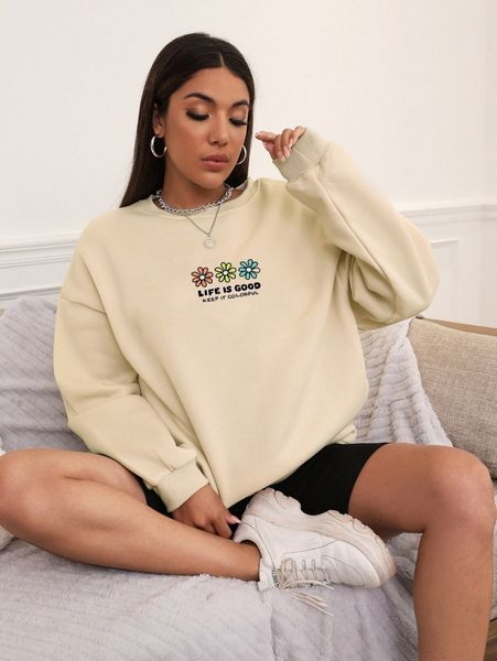 

floral & slogan graphic drop shoulder pullover b758#, White;black