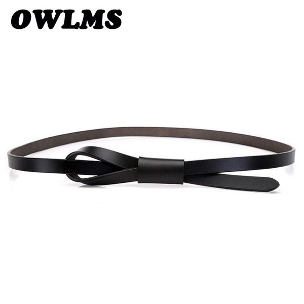

genuine leather belts ladies cowhide belt smooth bow buckle thin soft leather fashion belts for women knot casual dress t200327, Black;brown