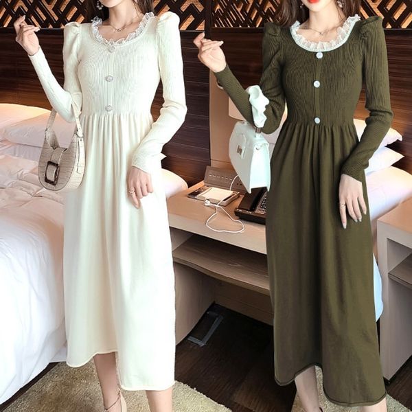 

2021 new winter knitting bubble sleeve korean-style lace collar dressed female omd9, Black;gray