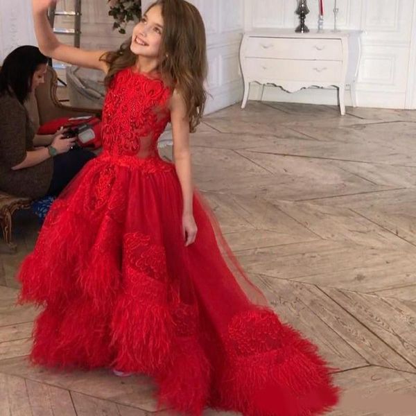 

amazing feather toddler girls pageant dresses jewel neck appliqued high low flower girl dress beaded tulle first communion gowns1 girl', Red;yellow