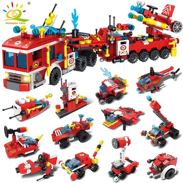 

huiqibao 670pcs 12in1 fire fighting trucks building blocks city firefight helicopter car boat model bricks kit toys for children 1008