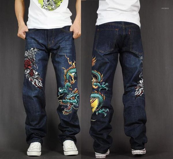 

men's long pants baggy loose fit jeans rap hip hop skate denim print trousers straight stretch casual trousers rose green dragon1, Blue