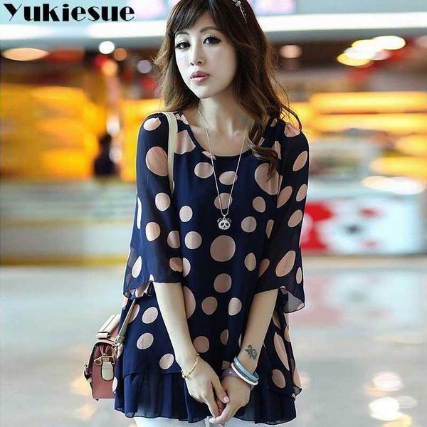 

blouse shirt womens and blouses shirts 2020 summer long sleeve loose dot printed chiffon blusas women plus size 4xl 5xl1, White