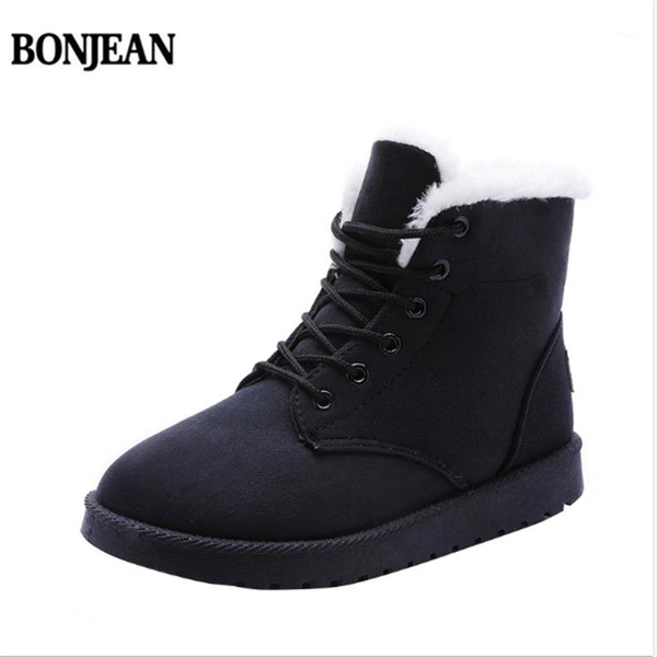 

boots bonjean winter ankle warm women's snow shoes lining short plush ladies cotton white black1, Black
