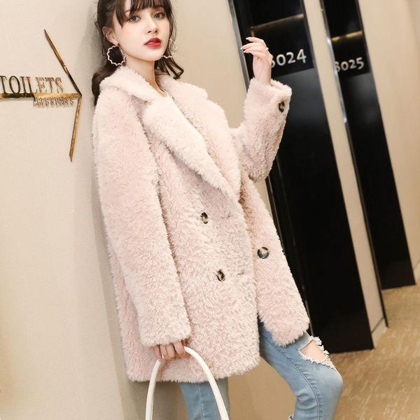 

women 2021 winter real fur coat female genuine wool coats turn-down collar double breasted ladies sheep shearing overcoat l970, Black