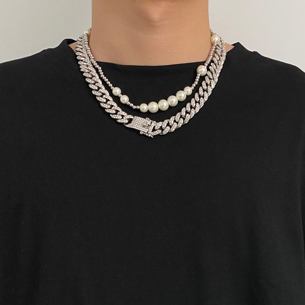 

carmen / chaopai hip hop street cuba chain full of diamond thick wu yifan men's ins net red rap necklace fashion, Silver
