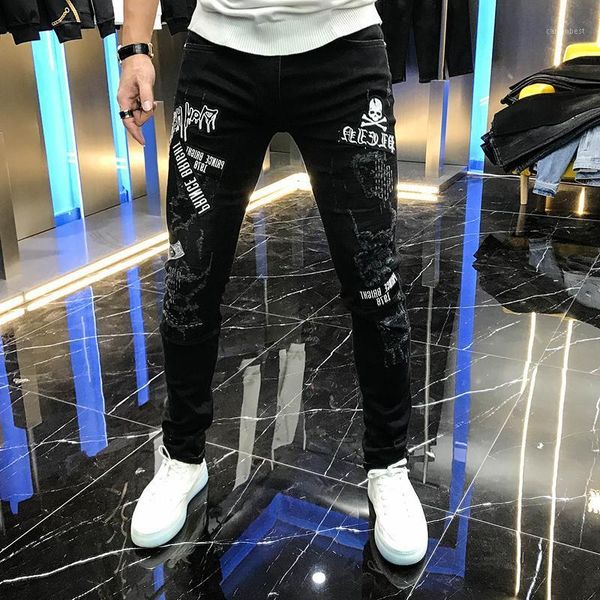 

men's jeans 2021 autumn embroidery trend wear out personality skull label slim pants leggings black1, Blue