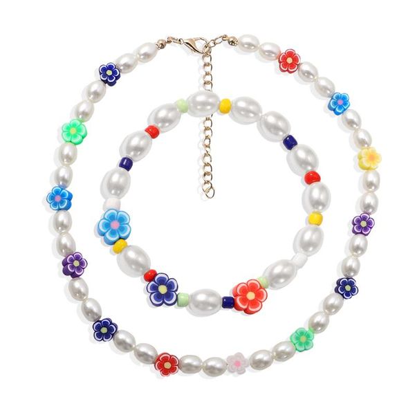 

dvacaman boho 2pcs/set cute colorful flower bead choker necklace for women summer simulated pearl clavicle chain necklace bijoux, Golden;silver