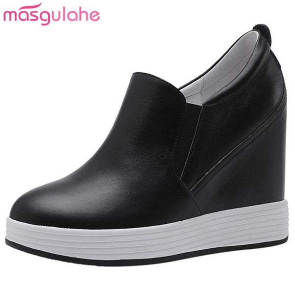 

masgulahe 2021 new shoes women round toe genuine leather shoes women spring autumn increased internal, Black
