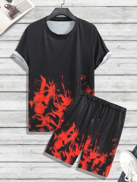 

men fire print tee & drawstring waist shorts 88yz#, Gray