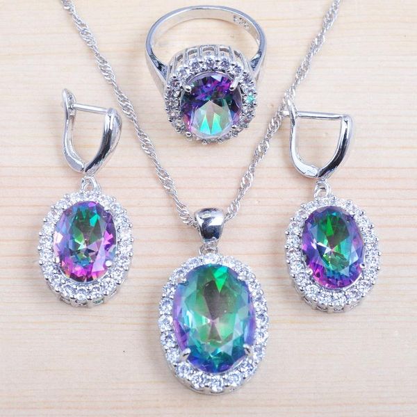 

oval rainbow zirconia jewelry sets for women wedding jewelry silver color earrings pendant necklace ring fast ship qz0576