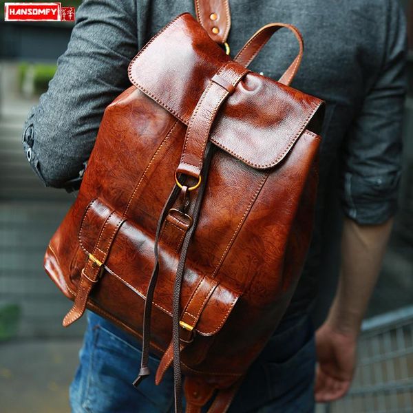 

handmade retro men backpack genuine leather suede computer bag men and women travel bag 15 inch lapshoulder bags original
