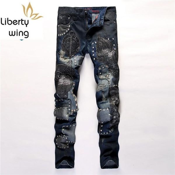

new man full length rivet jeans casual streetwear patchwork straight cowboy denim pants male zip embroidery trousers size 29-381, Blue