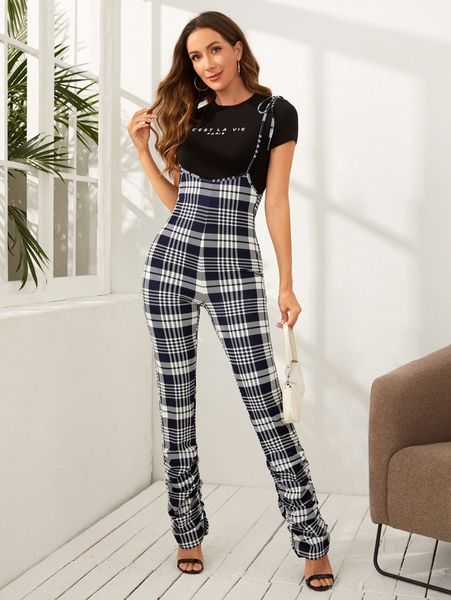 

plaid print knot shoulder suspender jumpsuit without tee a0ww#, White