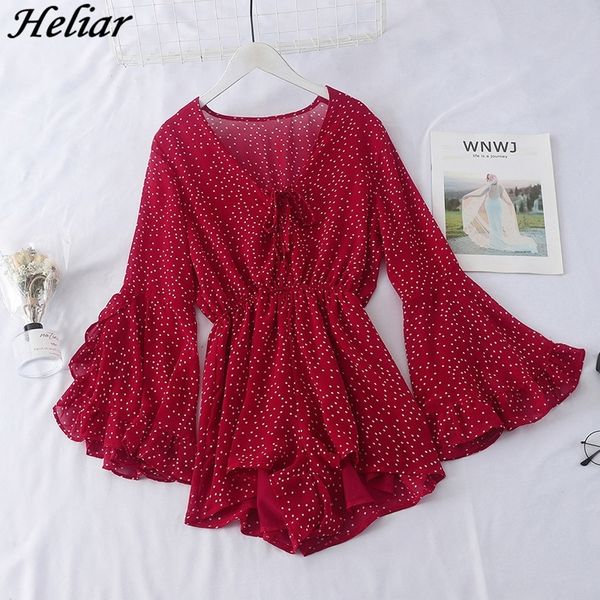 

heliar women v-neck playsuit chiffon polka-dot jumpsuits rompers long sleeve party female loose falbala jumpsuits t200509, Black;white