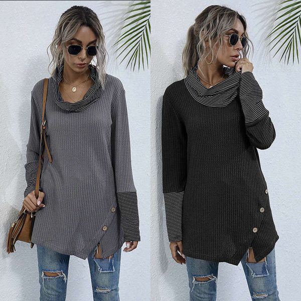 

for casual medium women's length fall / winter 2020 loose pile collar stitching bottoming shirt, Black;gray