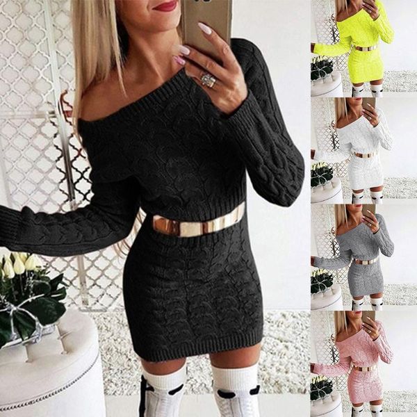 

autumn and winter women's long solid color regular-sleeved twist waist off-shoulder dress tight-fitting knee-length dress1, Black;gray