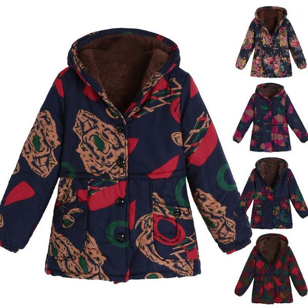 

womens jacket winter warm outwear floral print hooded pockets vintage oversize female coats women's casual outwear plus size1, Tan;black