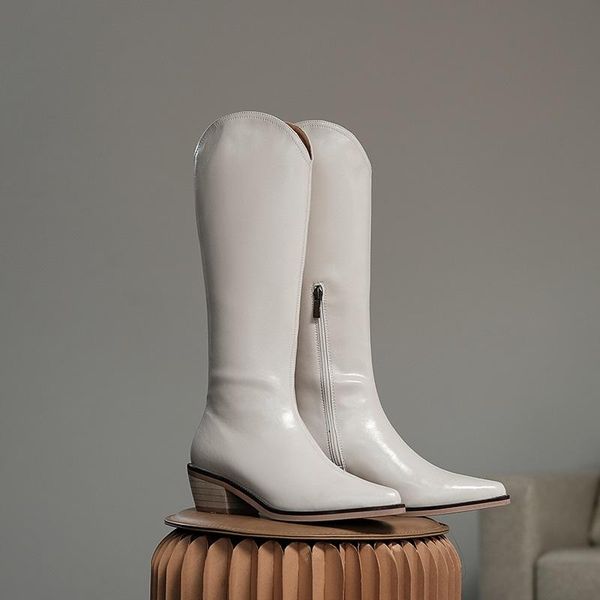 

classic western women boots black beige knee high boots for women pointed toe winter chunky heels cowboy knight boot