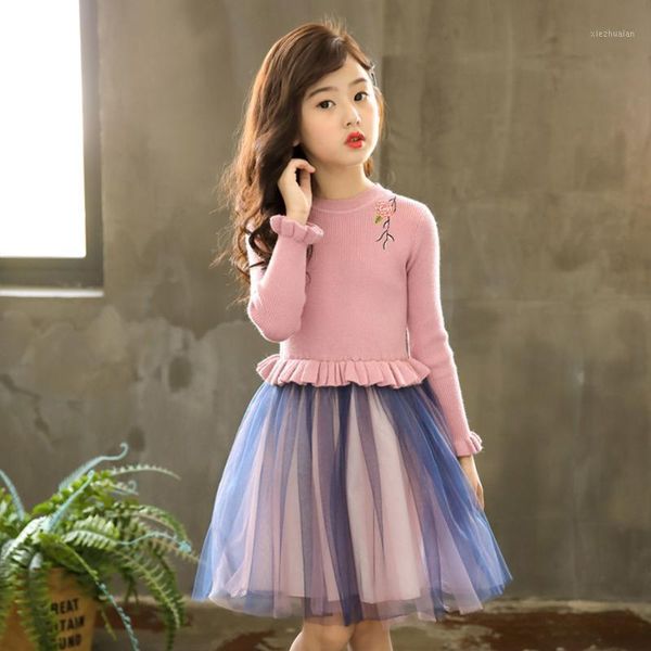 

girl's dresses girl dress flower embroidery kids sweater dresspetal sleeve knitted children autumn winter warm clothes for girls1, Red;yellow