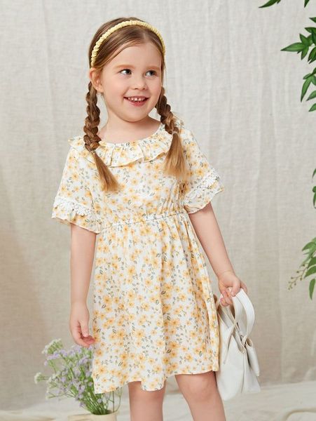 

toddler girls floral print eyelet embroidery dress she, Red;yellow