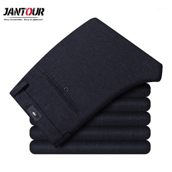 

jantour winter style thick men's casual pants middle cotton men straight long suits pants button business leisure trousers male1, Black