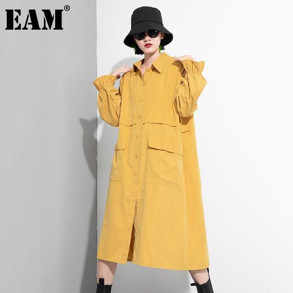 

eam] women yellow blue pocket big size shirt dress new lapel long sleeve loose fit fashion tide spring autumn 2020 1dc3131, Black;gray