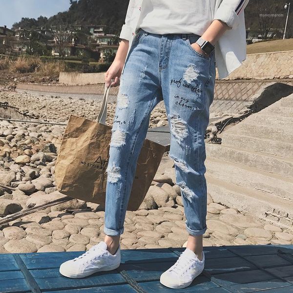 

2019 new fashion men jeans hole pants ankle-length letters korean hip hop man harem jeans male denim trousers1, Blue