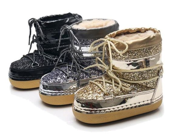 

girls parent-child gold bling sequins snow winter fur warm women velvet moon shoes luxury ankle space boots, Black;red