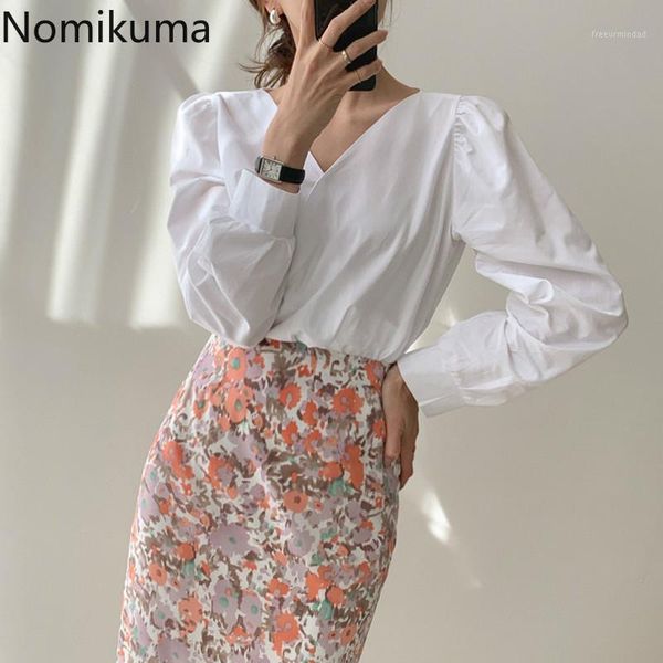 

women's blouses & shirts nomikuma blusas mujer v neck long sleeve solid color casual loose side zipper blouse women korean fashion 3c7, White