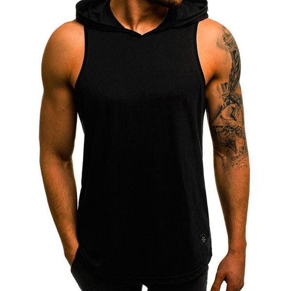 

men muscle hoodie tank bodybuilding gym workout sleeveless vest t shirt, Black;blue