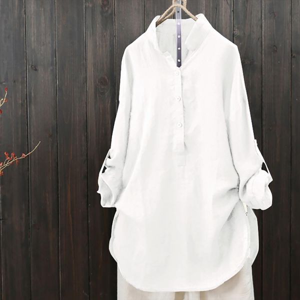 

new women blouses autumn loose button long sleeve long shirt dress blouse plus size casual solid cotton tunic blusas, White
