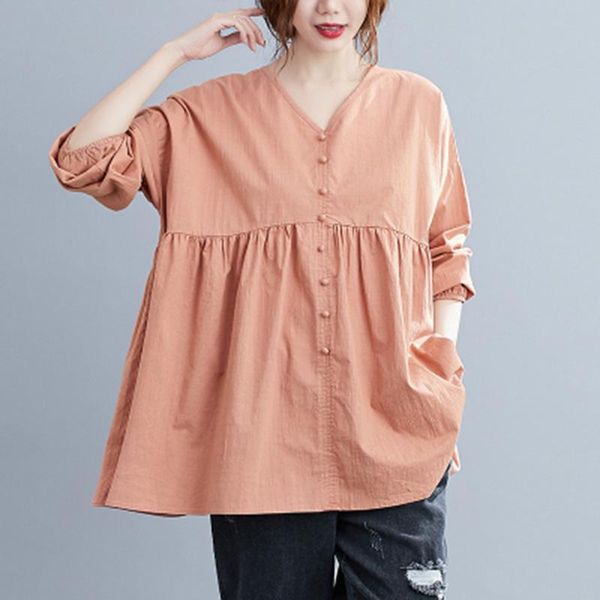 

new arrival spring/autumn women loose casual v-neck long sleeve shirt all-matched button patchwork cotton linen blouse a588, White