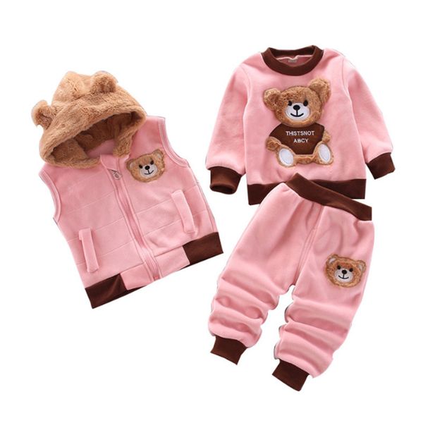 Günstige Junge Kleidung Sets Baby Mädchen Winter Reine Baumwolle Dicke Warme Casual Mit Kapuze Pullover Cartoon Niedlichen Bären Sport Anzug LJ201223