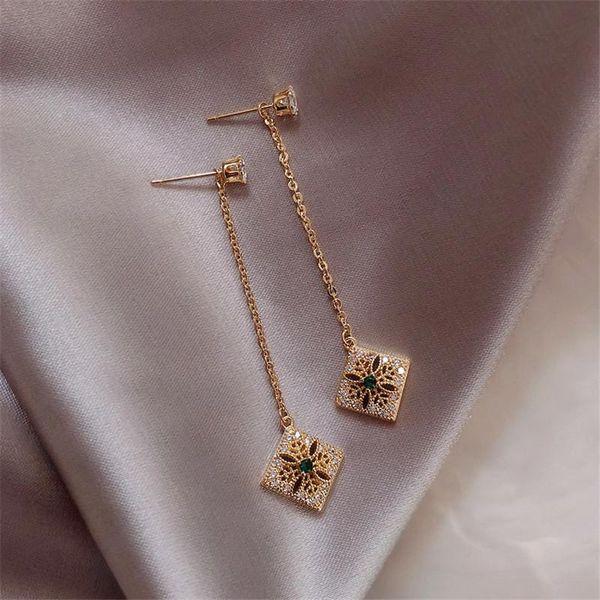 

fyuan vintage hollow alloy drop earrings for women long precision inlay green crystal dangle earrings weddings jewelry gifts, Silver
