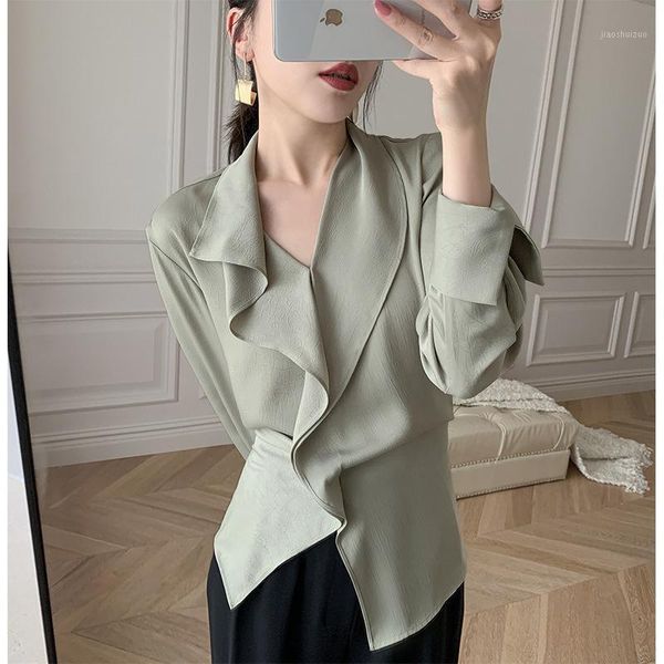 

2021 spring and summer new fashion long sleeves satin blouse vintage femme v neck casual chiffon blouse shirts blusas mujer1, White