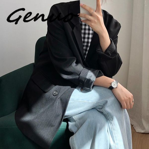 

genuo new 2020 autumn winter women black blazers and jackets vintage khaki loose womens blazers long sleeve coat, White;black