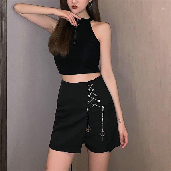 

black 2 piece set women goth sleeveless halter zipper shorts for women hip hop two pieces outfits gotica conjuntos de mujer1, Gray