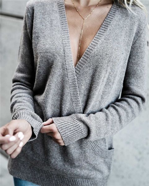 

new autumn and winter women's fashion casual long sleeve deep v neck veeteen knit women sweater pullover clothes, White;black