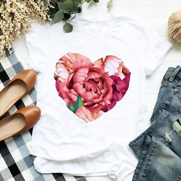 

women t shirt floral flower printed tshirt women short sleeve o-neck loose tee shirt ladies female clothes graphic t-shirt, White
