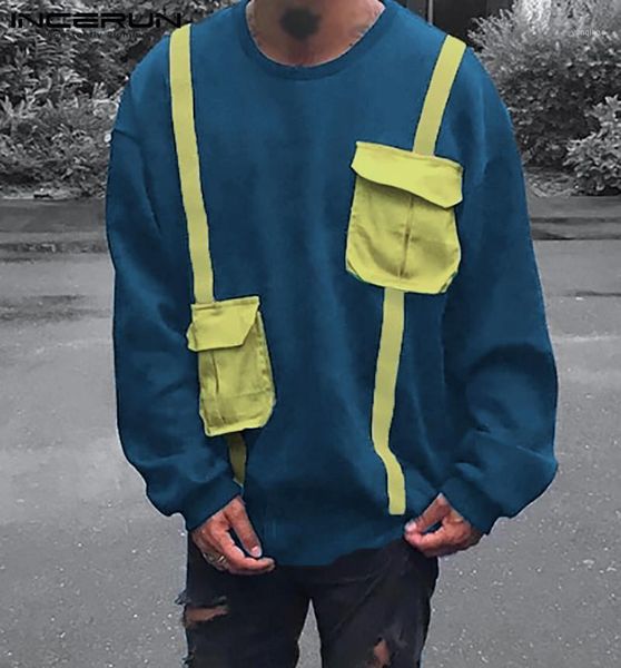 

men sweatshirts patchwork pockets o neck long sleeve casual hoodies 2020 chic loose streetwear leisure pullovers hombre incerun1, Black