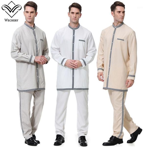 

wechery s-3xl clothing mens muslim style two pieces pants set grey white beige long sleeve with pocket jubba thobe1, Red