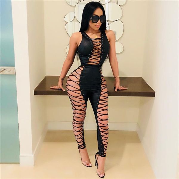 

side lace up party jumpsuit women summer sleeveless hollow out nightclub jumpsuits overall skinny jumpsuit macacao feminino, Black;white